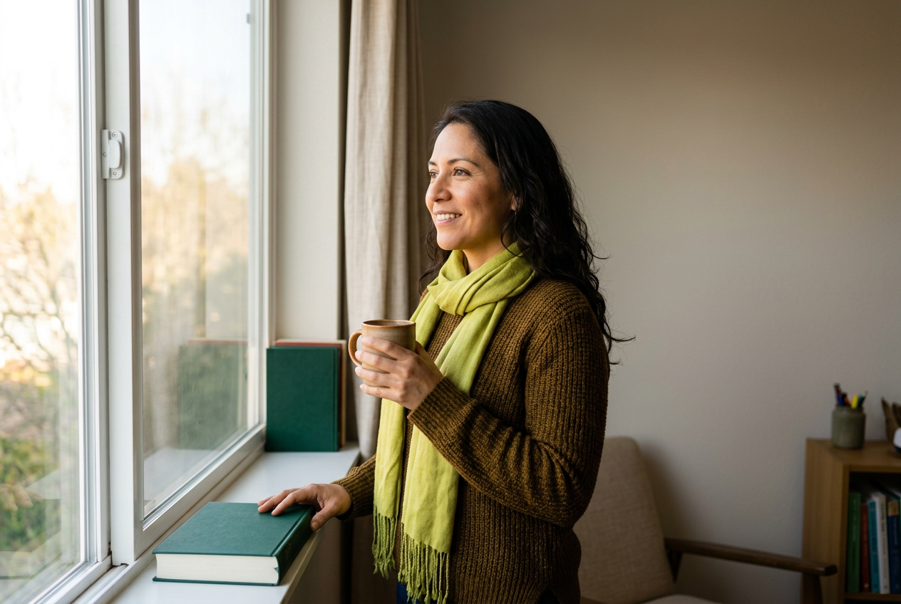 Practitioner stands at a wide window in early morning daylight holding a mug, a reference book on the sill.