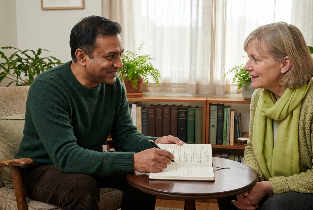 Practitioner and client lean over a handwritten sleep log on a small table during a calm home consultation.