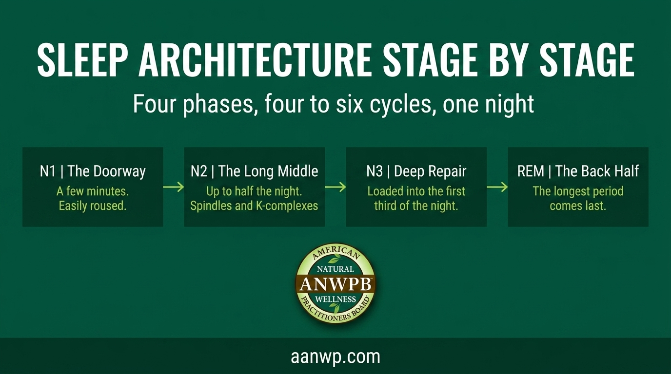 Four-stage infographic showing N1, N2, N3, and REM sleep with the timing detail practitioners use in assessment.