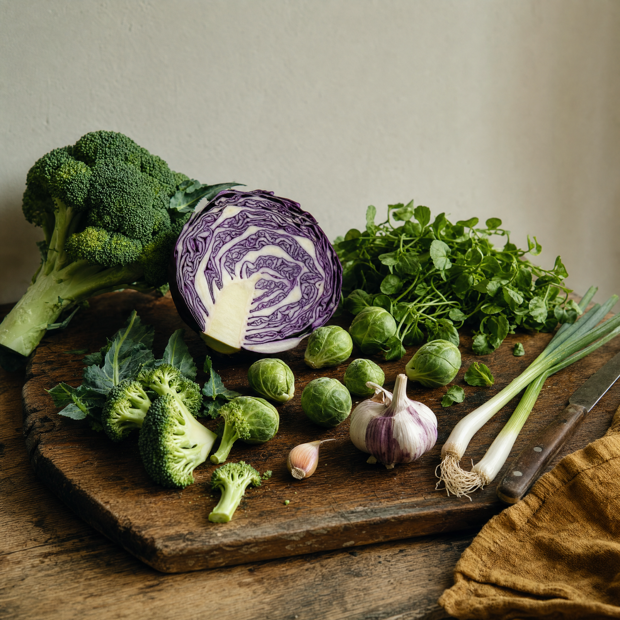 Broccoli, red cabbage, Brussels sprouts, watercress, garlic, and spring onions on a wooden kitchen board.