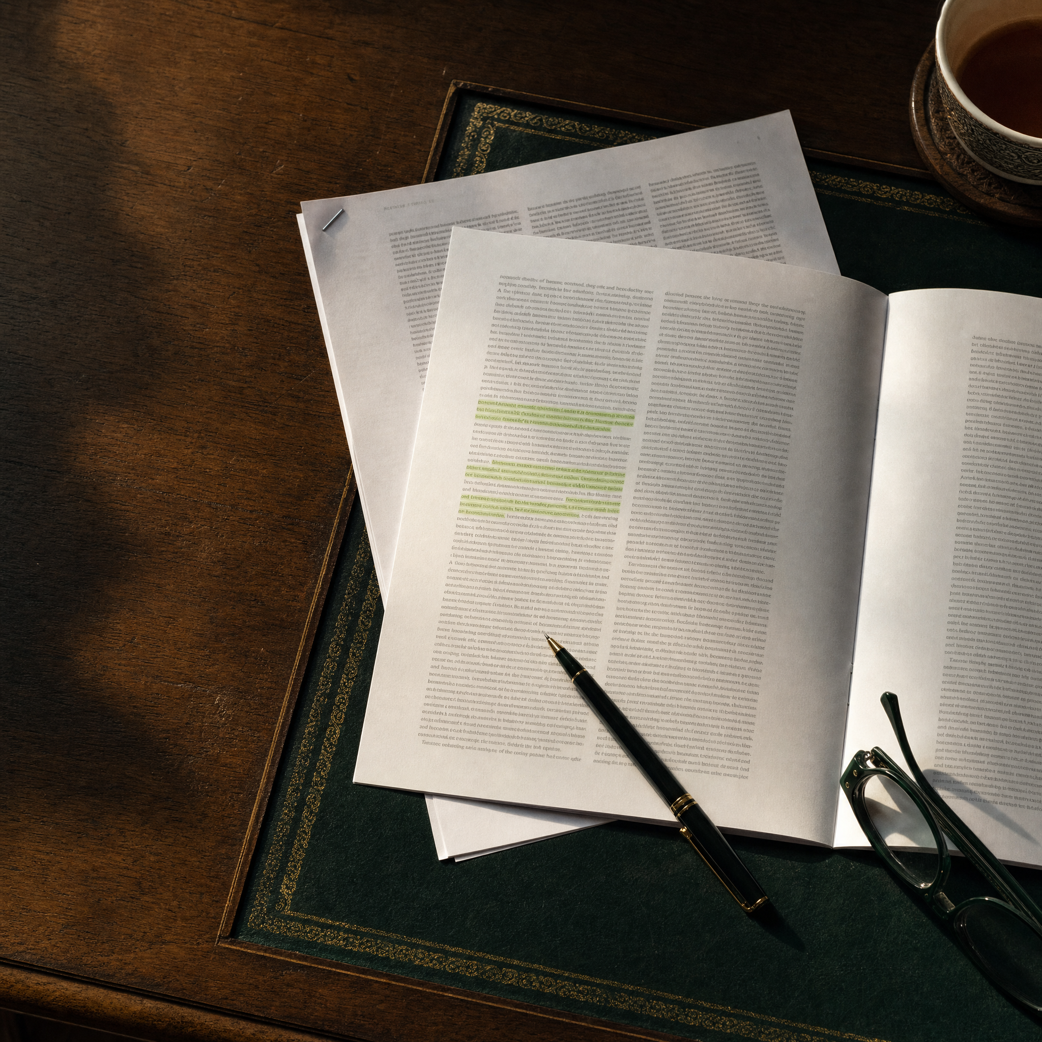 A printed journal article on a desk with highlighted lines, a pen, and folded reading glasses in late light.