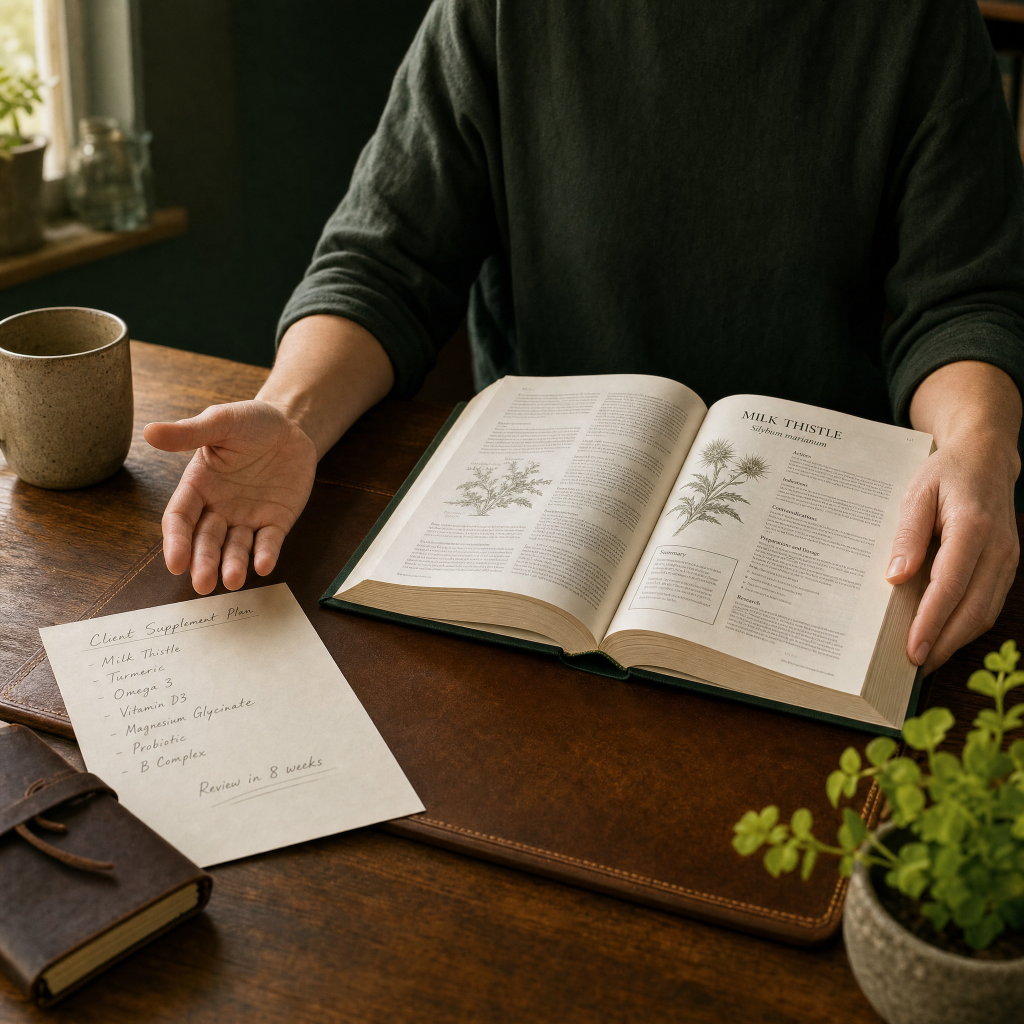 Practitioner hands at a desk beside an open clinical reference and a handwritten client supplement list.