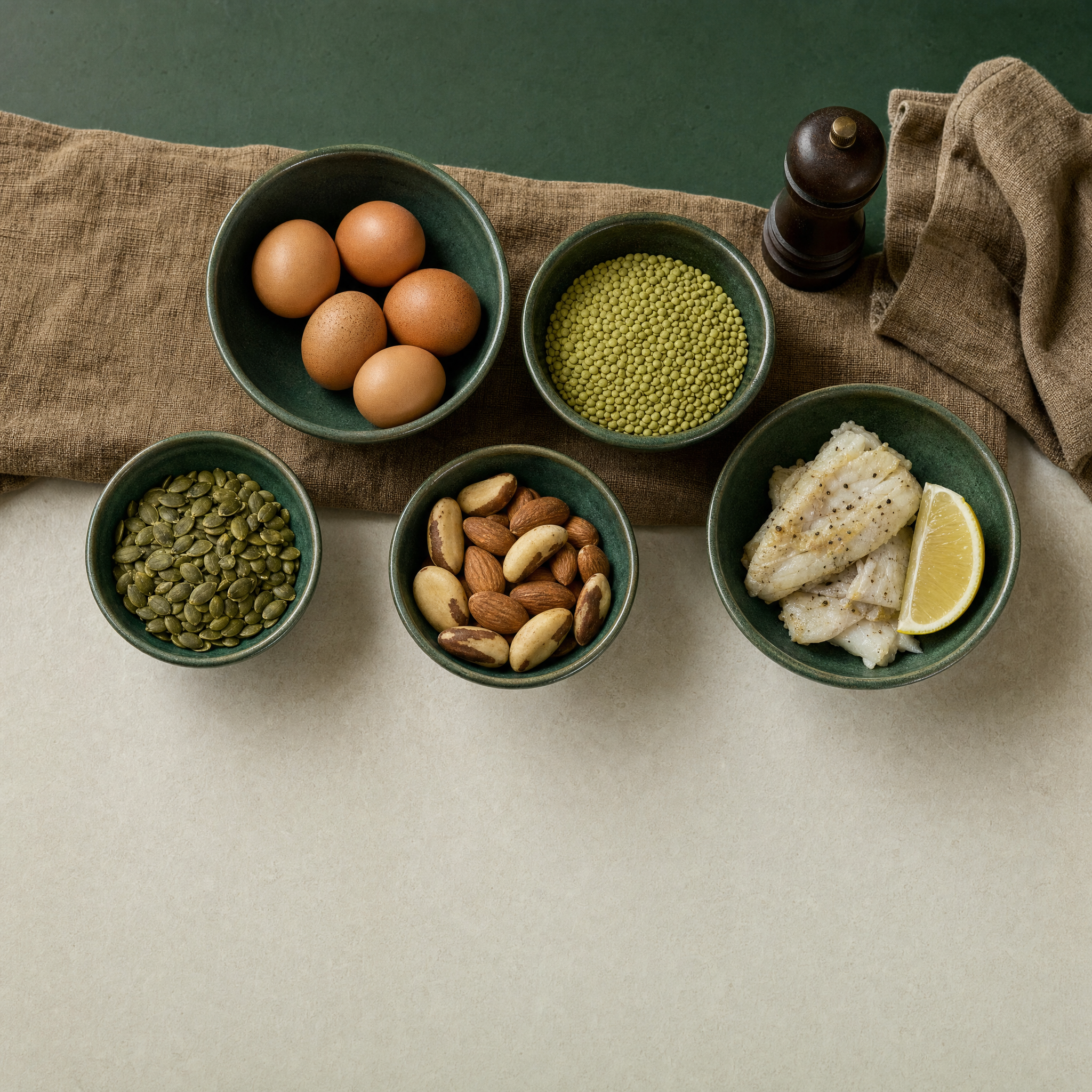 Small bowls of eggs, lentils, pumpkin seeds, Brazil nuts, almonds, and white fish on a linen runner.