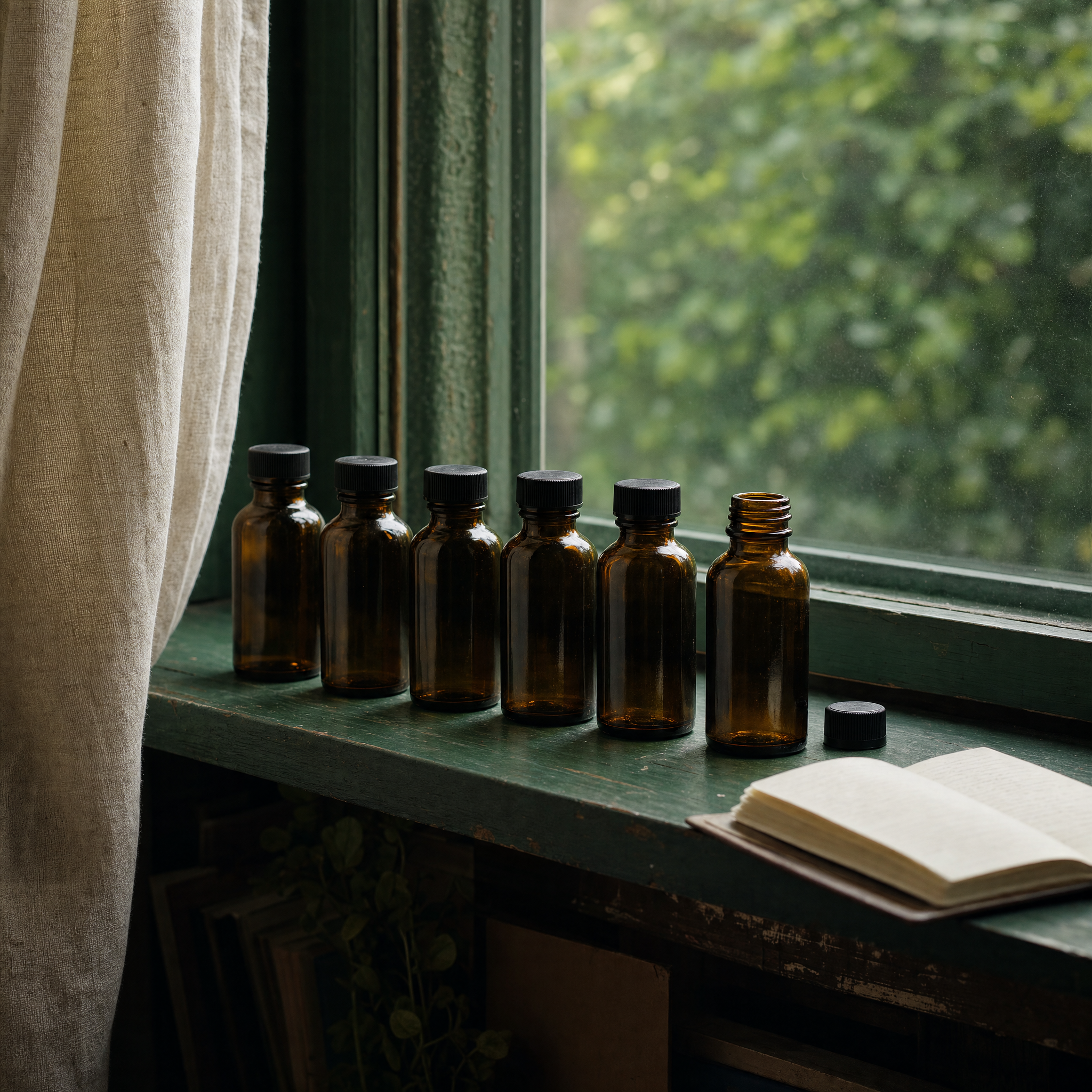 Six unlabeled amber glass bottles on a windowsill beside a small open notepad in overcast light.