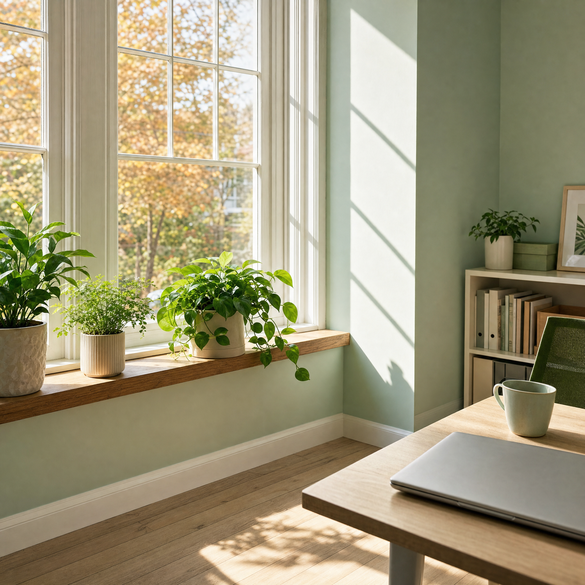 Daylight Through Glass in Autumn Autumn daylight falling through a window onto a bare wooden sill and casting a frame shadow across floorboards.