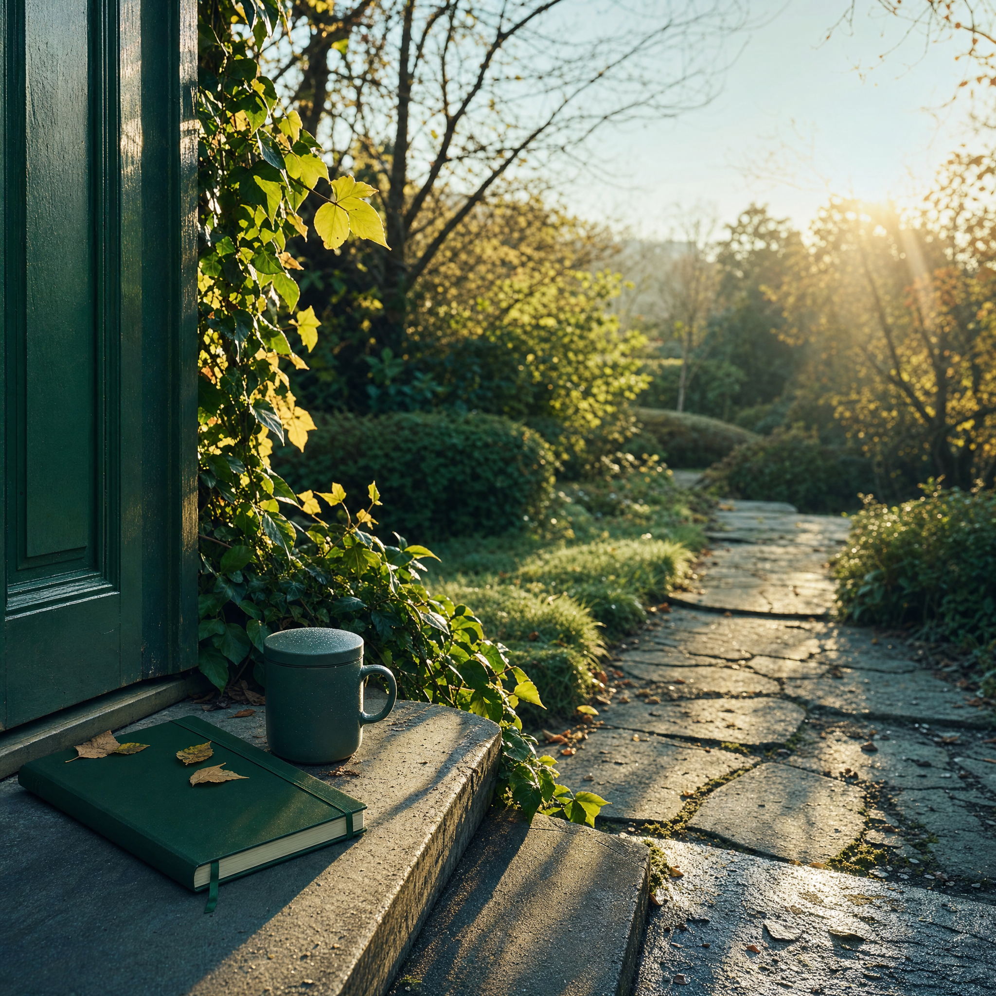 Early Light on the Doorstep Low early-morning sunlight across a garden doorstep with a notebook and mug resting on the stone step.