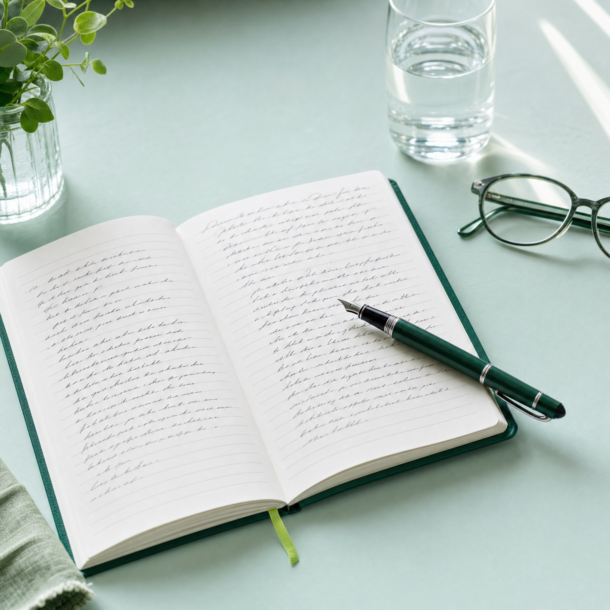 Mapping a Client's Light Exposure Open notebook with a fountain pen and reading glasses on a desk in soft afternoon daylight during an intake write-up.