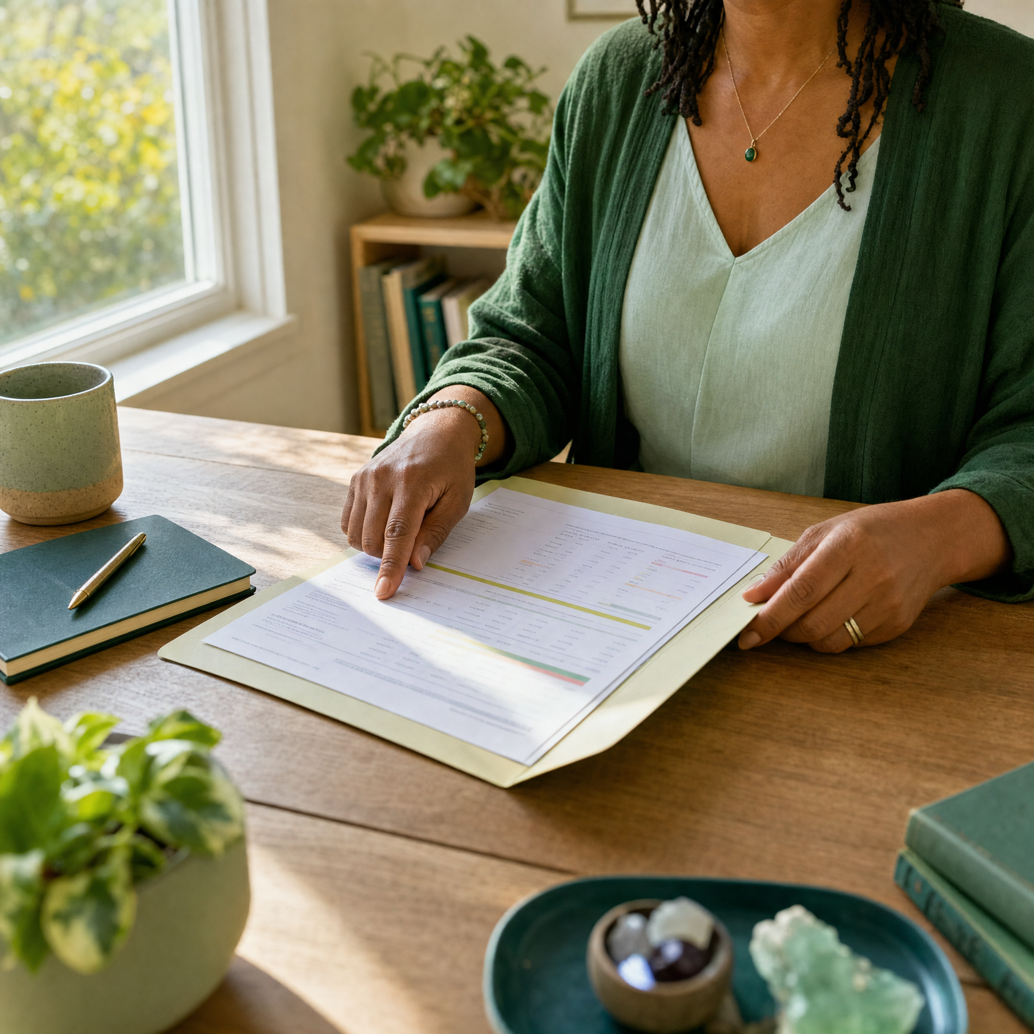Reading a Vitamin D Result in October Practitioner's hands resting on an autumn lab printout at a sunlit home office desk during low-sun months.